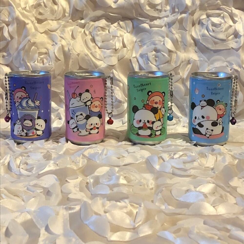 Set of 4 Panda Design Mini Travel‎ Wet Wipes in a Can With Keychain and Bell